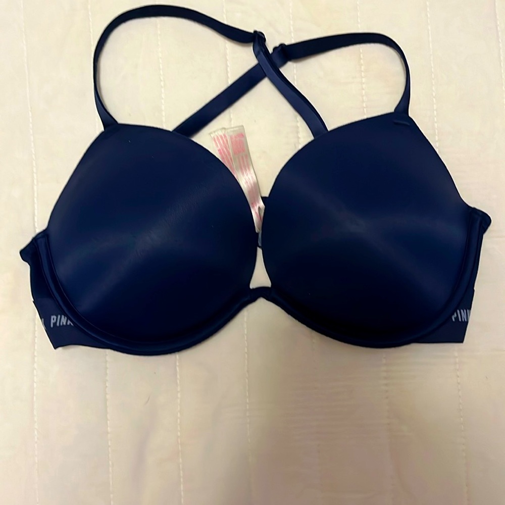 Dark blue, Victoria’s Secret pink add two sizes, underwire crisscross,